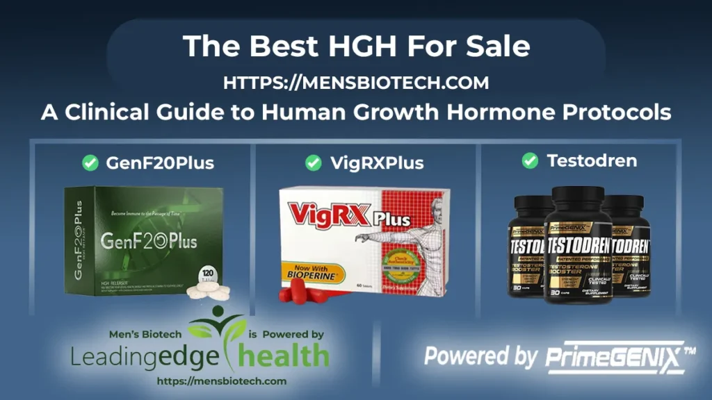 The Best HGH For Sale clinical guide banner with GenF20 Plus, VigRX Plus, and Testodren supplement packaging visuals on a premium navy blue background powered by PrimeGENIX