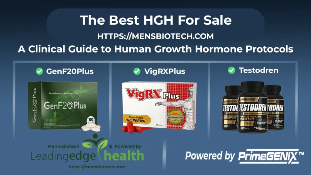 The Best HGH For Sale clinical guide banner with GenF20 Plus, VigRX Plus, and Testodren supplement packaging visuals on a premium navy blue background powered by PrimeGENIX