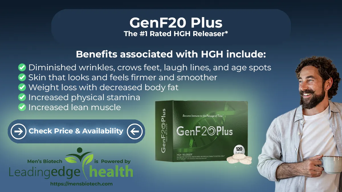 GenF20 Plus clinical human growth hormone secretagogue supplement box and capsules packaging