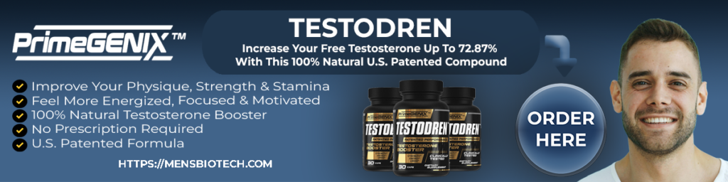 PrimeGENIX Testodren clinical free testosterone booster supplement box and single-compound capsule packaging