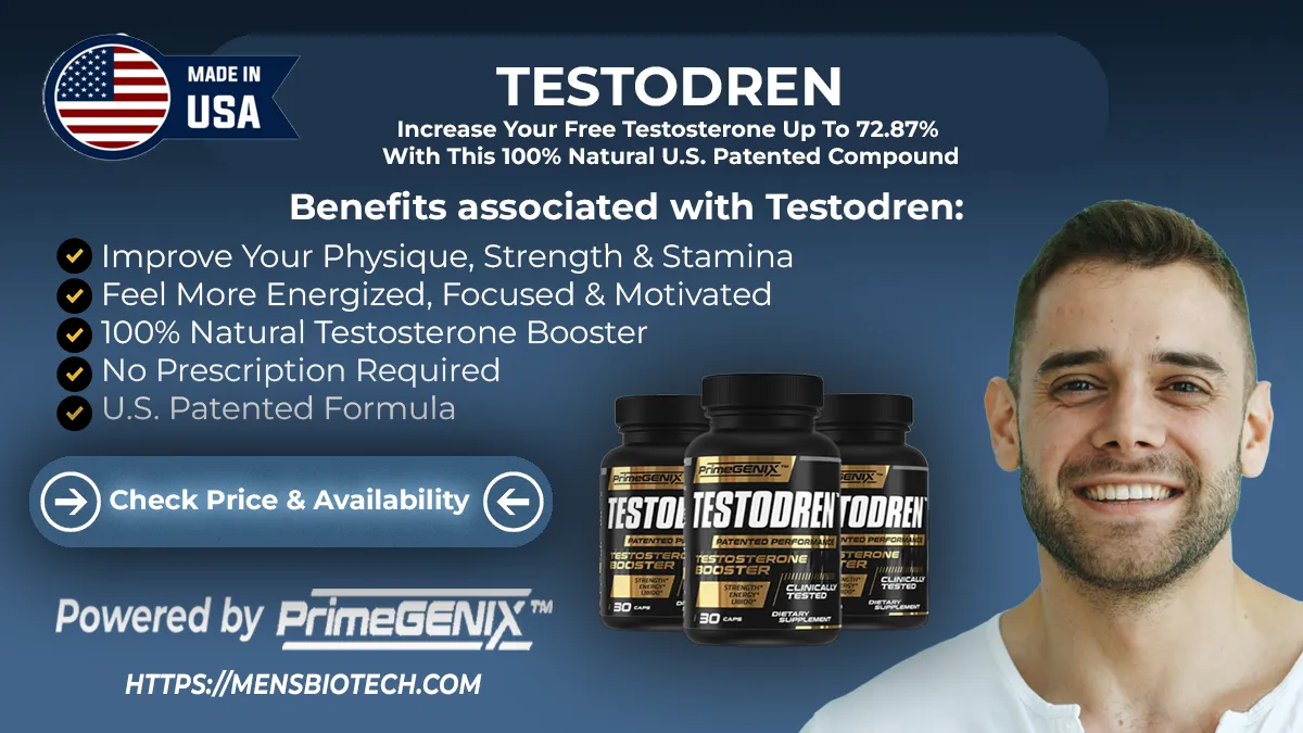 PrimeGENIX Testodren clinical free testosterone booster supplement box and single-compound capsule packaging