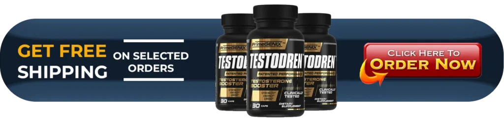 PrimeGENIX Testodren clinical free testosterone booster supplement box and single-compound capsule packaging