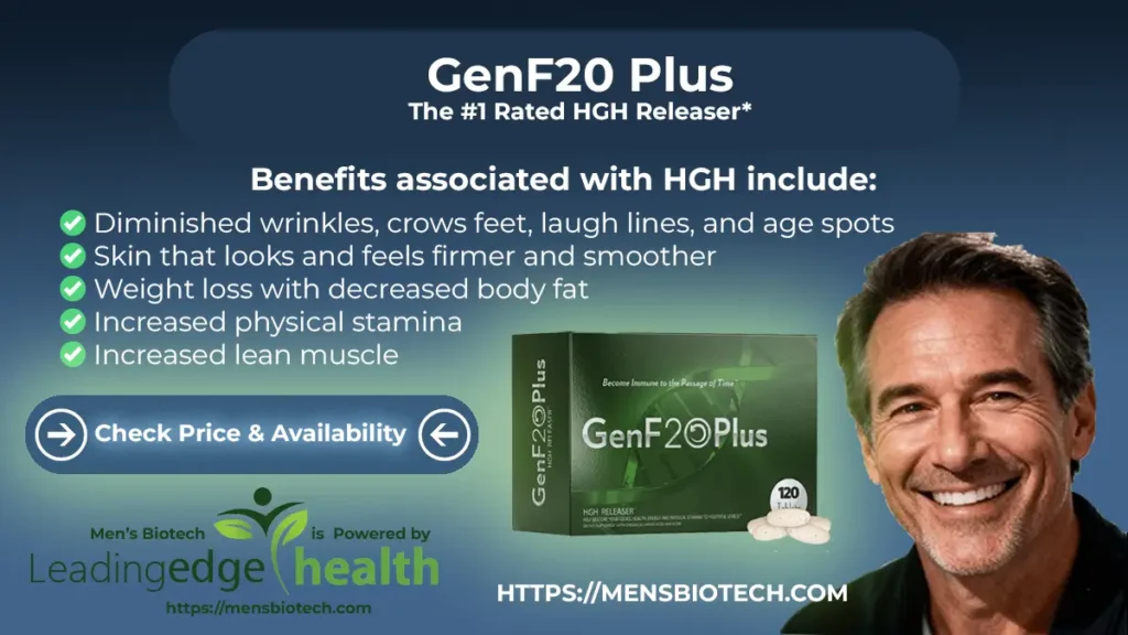 GenF20 Plus product image showcasing the clinical enteric coated tablets and sublingual Alpha GPC oral spray container on a premium navy blue medical background